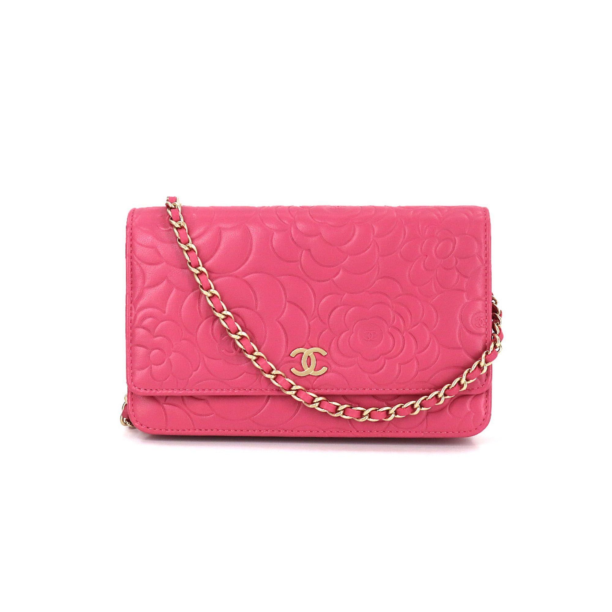 Authenticated Used Chanel CHANEL camellia chain wallet long leather pink  gold metal fittings A82336 Camellia Wallet 