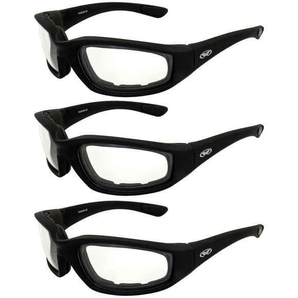 3 Pairs Kickback Black Foam Padded Motorcycle Riding Sunglasses with Clear Lenses