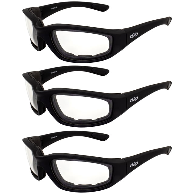 3 Pairs Kickback Black Foam Padded Motorcycle Riding Sunglasses with Clear Lenses