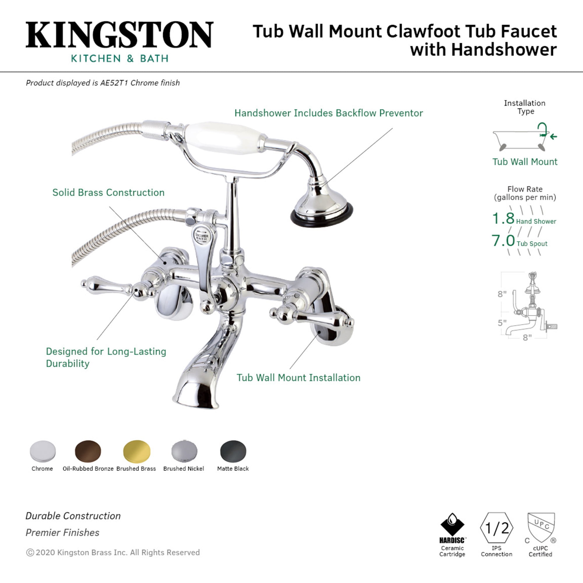 Kingston Brass AE51T7 Aqua Vintage 7-Inch Adjustable Wall Mount Tub Faucet with Hand Shower, Brushed Brass