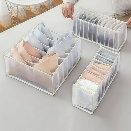 

ESULOMP 3PC Foldable Underwear Storage Box with Compartments Mesh Organizer Drawer Dividers Washable Closet Wardrobe Clothes Organizer for Socks Bra Organizer Drawers(Beige 6/7/11 Grids)