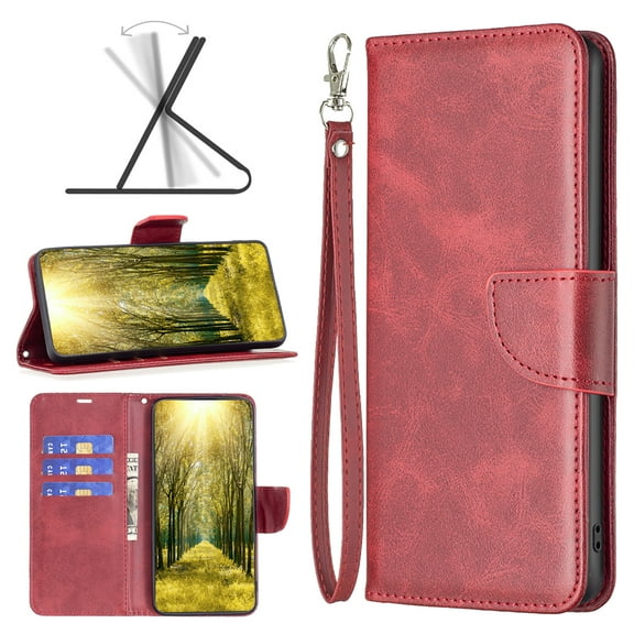 Feishell Fit for iPhone 14 6.1 inch Phone Case with Wrist Strap & ID Credit Card Slots,Premium PU Leather Shockproof Magnetic Clasp Folio Flip Holder Protective Cover,Red