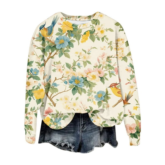 NMMUED Womens Fall Clothing, Cute Sweatshirts, Graphic Sweatshirts for Women, Long Sleeve Graphic Tees for Women, Oversized Crewneck Sweatshirt Women, Beige L