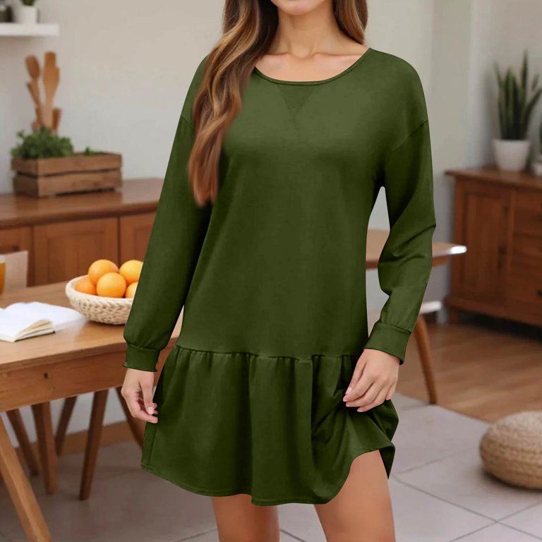 Rib Knit Patchwork Sweatshirt Dress,Casual Crewneck Mini Dresses,Women Fall  Long Sleeve Ruffle Hem Oversized Pullover Tops Army Green XL - Walmart.com