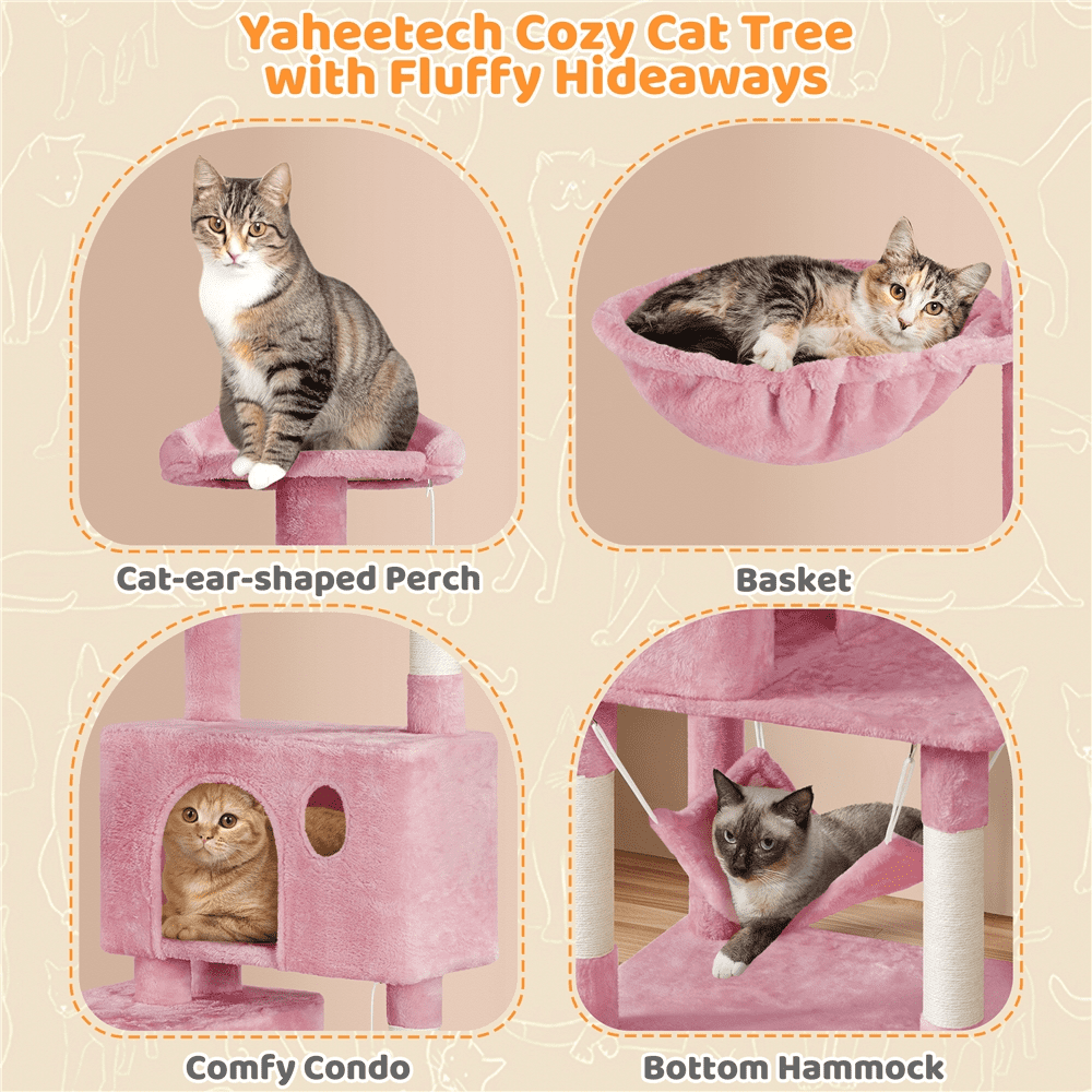 Alden Design 64.5"H Multi-level Cat Tree Tower with Condos and Perches, Pink