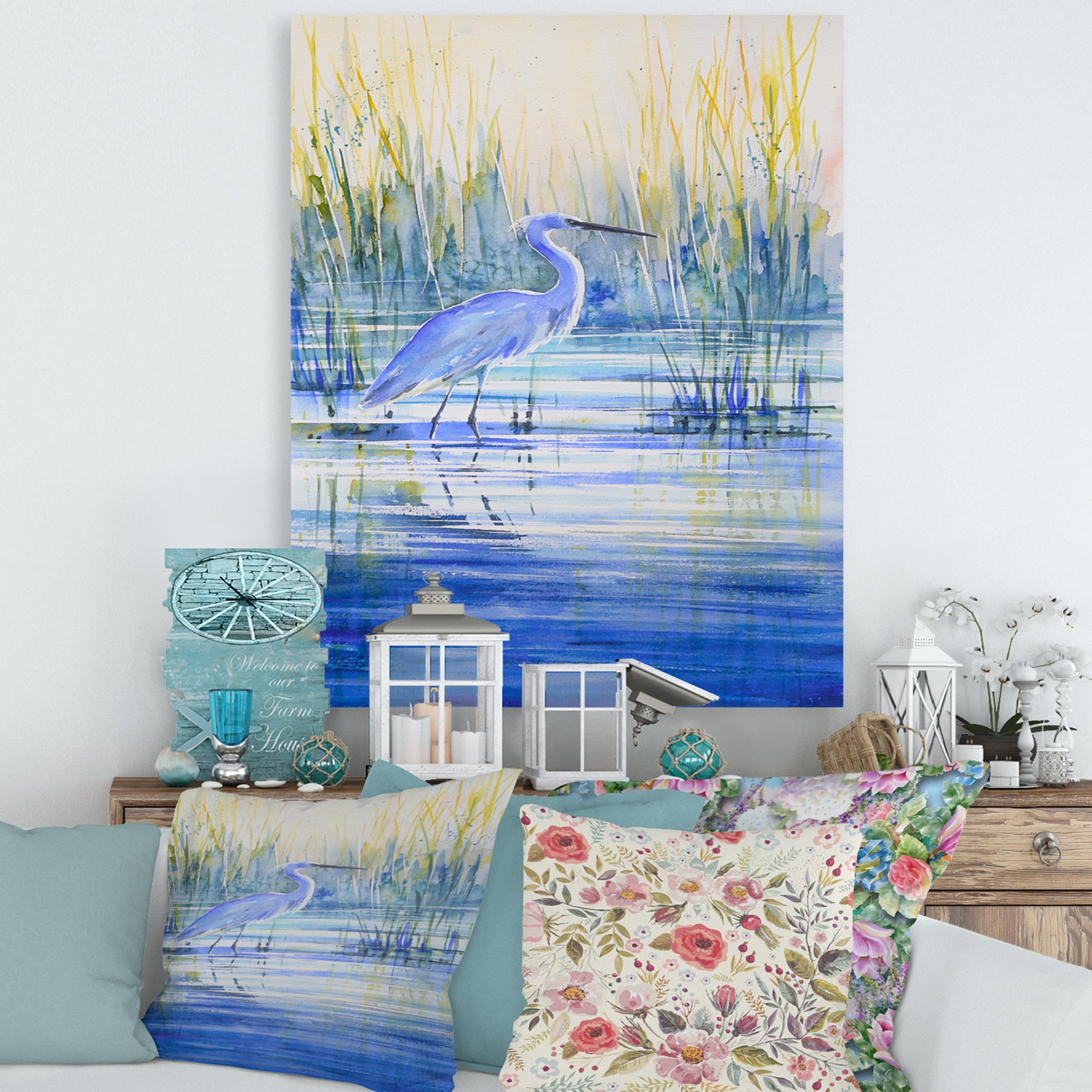 Designart ' Blue Heron On The Lake Shore ' Traditional Canvas Wall Art Print