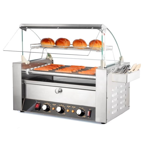 Ktaxon Hot Dog Roller Warmer 1200W, 7 Rollers 18 Hot Dog Roller Grill Cooker Machine w/Bun Warmer, Cover, Dual Temp Control, LED Light, Removable Shelf & Drip Tray for Party Home Commercial