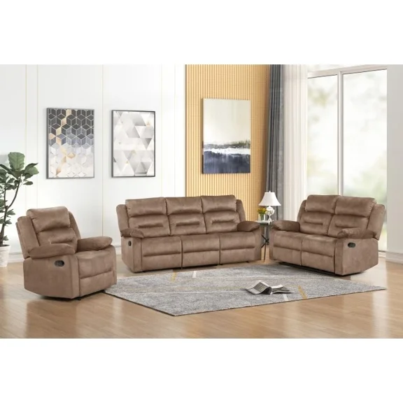 Modern Living Room Power Reclining Sofa 3Pc Set, Bronzing Fabric Tufted Sofa Couch Set, Tan