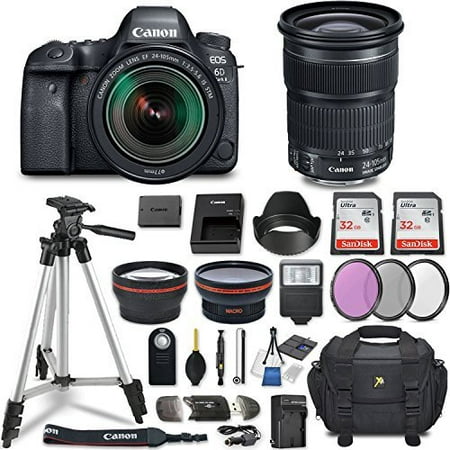 Canon EOS 6D Mark II DSLR Camera w/ Lens Bundle including EF 24-105mm f/3.5-5.6 IS STM + 2.2x Telephoto & 0.43x Aux Wide Angle Lens + 2Pcs 32GB SD + Accessories with Premium Commander Kit (28