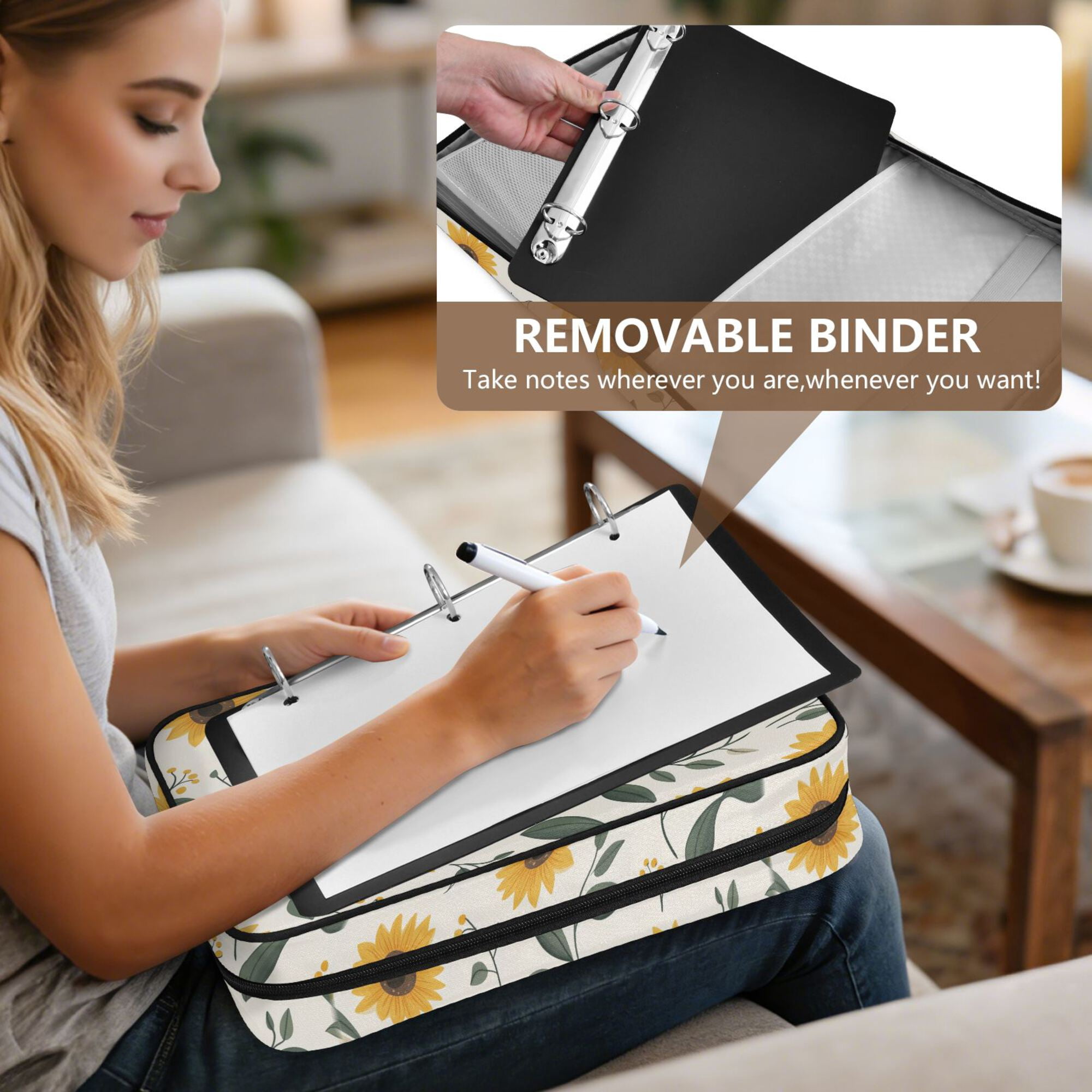 FORMRS Accordion File Folder A4 Size 7-Pocket Expanding Document Organizer Bag with 3 Ring Binder, Sunflower Pattern