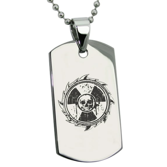 Stainless Steel Radioactive Sawblade Skull Engraved Dog Tag Pendant Necklace