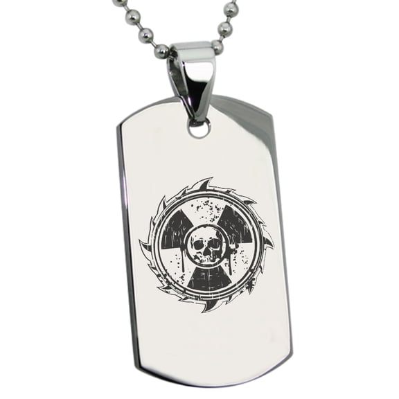 Stainless Steel Radioactive Sawblade Skull Engraved Dog Tag Pendant Necklace