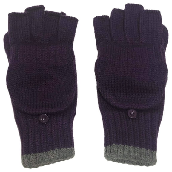 Womens Sleek Purple & Gray Knit Fingerless Convertible Gloves with Mitten Tops