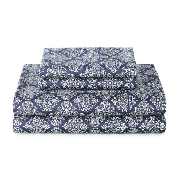 Better Homes & Gardens 4-Piece 400 Thread Count Navy Ogee Performance Bed Sheet Set, Queen