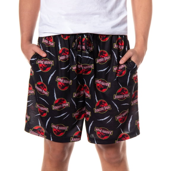Jurassic Park Men's T Rex Slash Movie Logo All-Over Print Loungewear Sleep Pajama Shorts with Pockets
