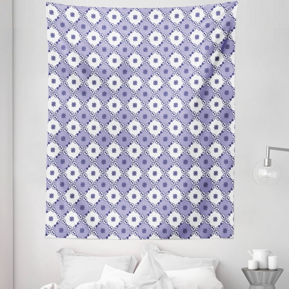 Delft Tapestry, Repetitive Traditional Pattern of Holland Inspired Ornaments Floral Details, Fabric Wall Hanging Decor for Bedroom Living Room Dorm, 5 Sizes, Lavender Blue White, by Ambesonne