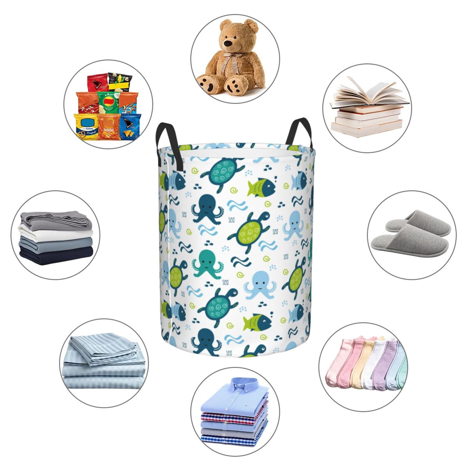 Large Laundry Basket with Handles - Cartoon Sea creatures Kids Baby Dirty Clothes Laundry Hamper for Bedroom Aesthetic