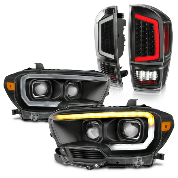 AKKON - For 2016-2023 Tacoma SR/SR5 Dual Square Projector LED DRL Black Housing Headlights   LED Tube Tail Brake Lamps