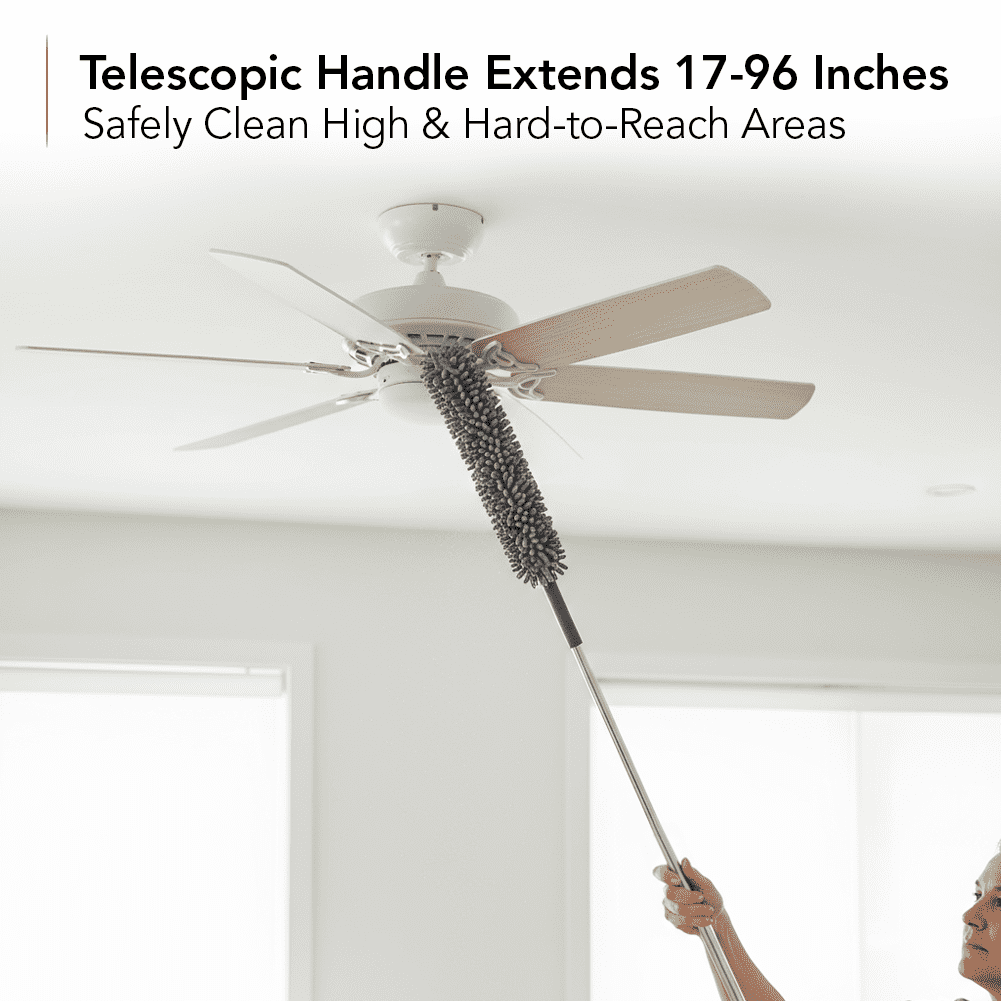 OVENTE Microfiber Duster Cleaning Set with Stainless Steel Extension Pole Up to 96", Washable, Reusable and Bendable Dusters for High Ceiling Fans, Blinds, Furniture, Cobweb and Cars, Grey CTD1526GY