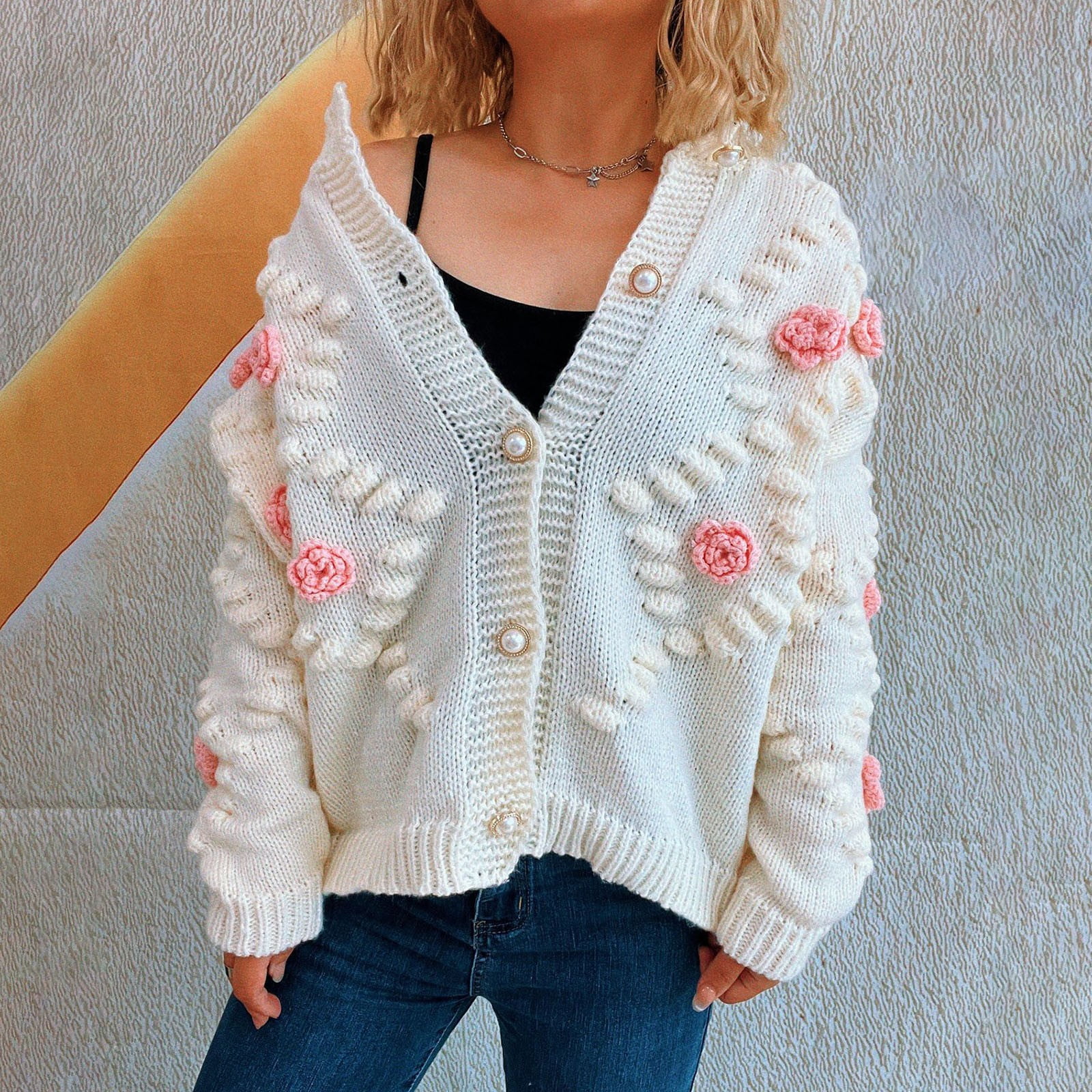 Women's 3D Floral Knit Cardigan, Cute Flower Button Up Long Sleeve