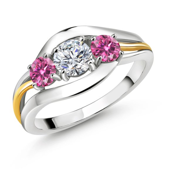 Gem Stone King 925 Silver and 10K Yellow Gold Lab Grown Diamond and Pink Moissanite Engagement Ring for Women | 0.96 Cttw | Round 5MM | Gemstone April Birthstone | Size 6