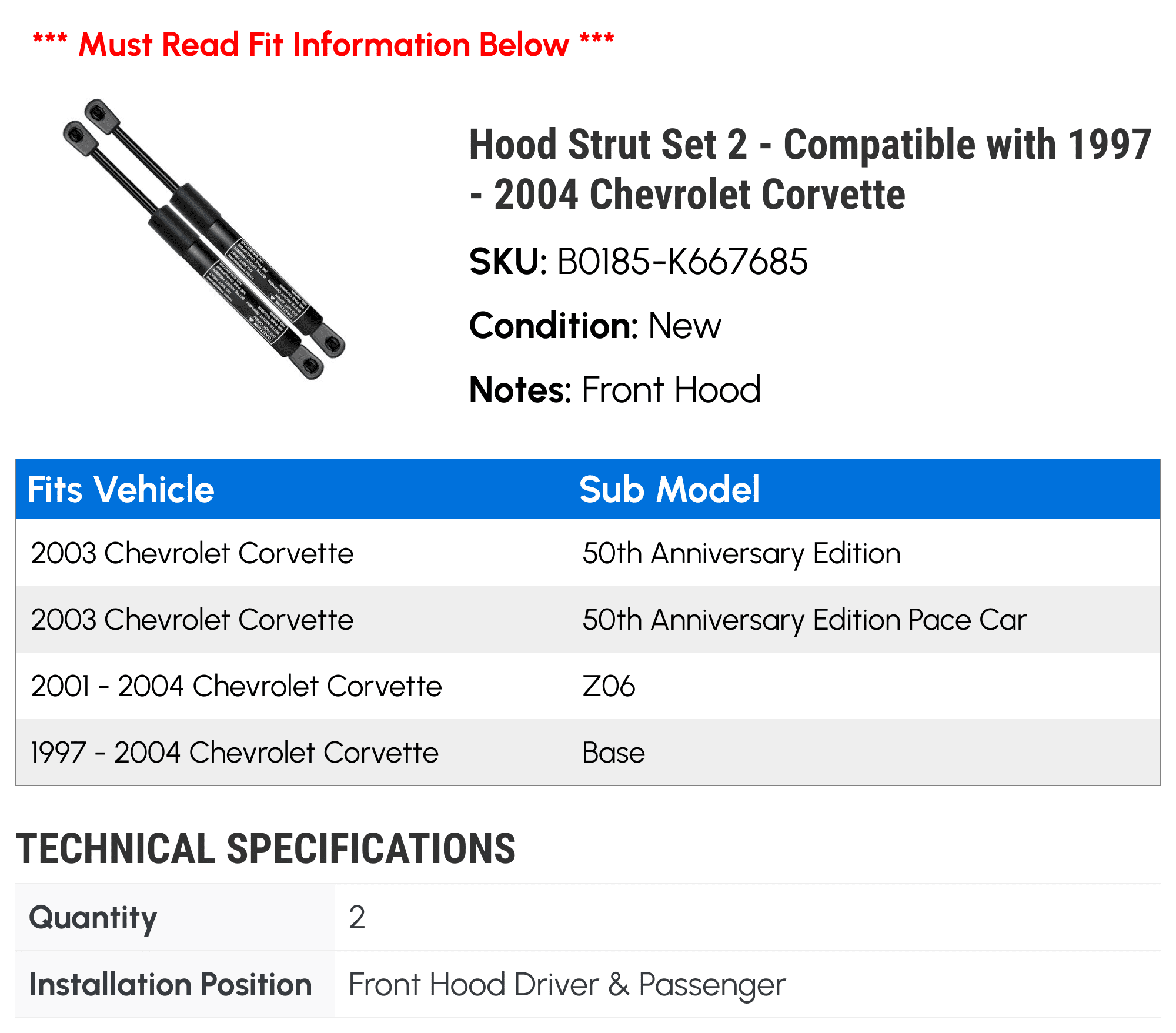 Hood Strut Set 2 - Compatible with 1997 - 2004 Chevrolet Corvette - Autopart Premium