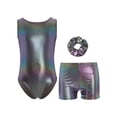 thumbnail image 3 of TSSOE Girls Glossy Dance Leotard and Shorts Set Sleeveless Criss-Cross Back Bodysuit Top + Shorts Scrunchies for Ballet Black 7-8, 3 of 7