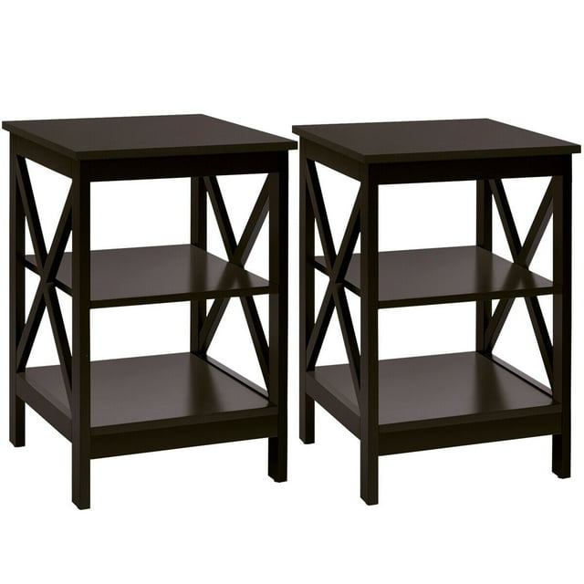 Gymax 2PCS 3-Tier Nightstand End Table X Design Storage Display Shelf Living Room Espresso