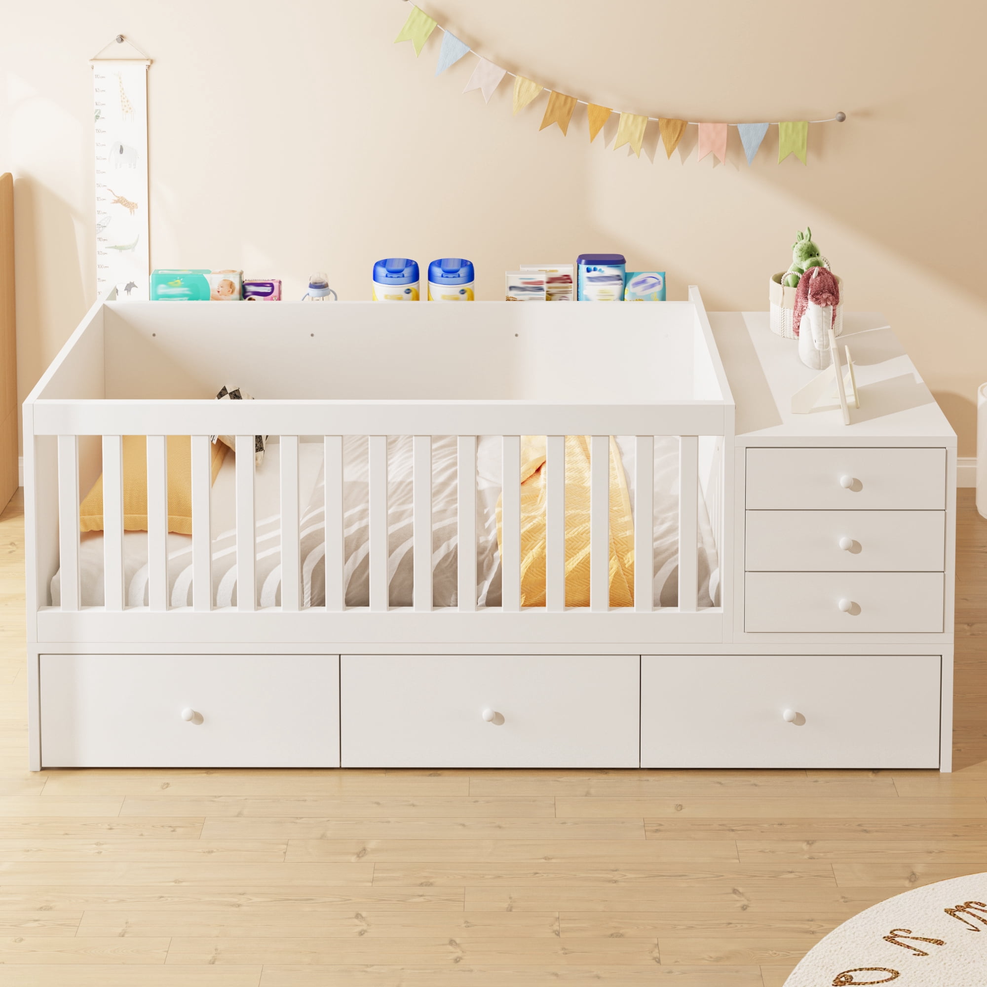 Euroco Wood Toddler Daybed with Drawers and Cabinets, 2-in-1 Crib with Movable Guardrails, White