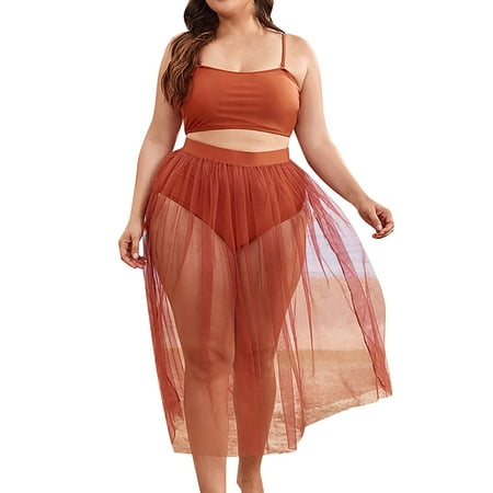 KONDYS Plus Size Swimsuit for Women Swimwear Bikini Solid Color Swimming Sexy Mesh Skirt Two Piece Set Beachwear Tummy Control Bathing Suit 2XL