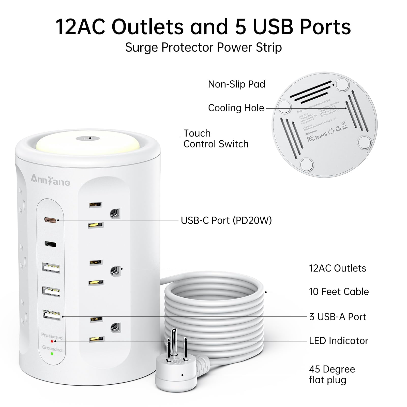 12 Outlets Power Strip Tower with Night Light, Surge Protector with 5 USB(4U+2C) Ports 10 FT Extension Cord, White