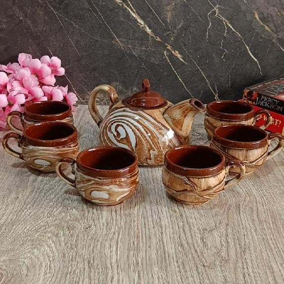 India Meets India Brown Ceramic Tea Pot Kettle 20 Oz Set of 6 Ceramic Tea Cups Indian Handicraft Perfect Gift Pack