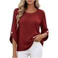 thumbnail image 2 of Yteetum 3/4 Length Sleeve Summer Tops for Women Oversized 3/4 Sleeve Crewneck Cotton Linen Shirts Casual Solid Round Neck Loose Lightweight Comfy Half Sleeve T Shirts, 2 of 7