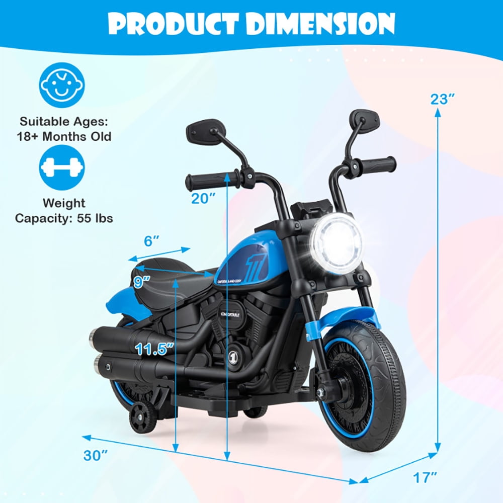 Resenkos Kids Electric Motorcycle with Training Wheels and LED Headlights-Blue, Motorcycle Toy for Children Boys & Girls