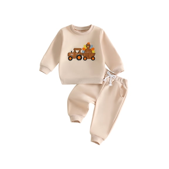 Cjfdfy Toddler Baby Boy Thanksgiving Outfit Turkey Truck Embroidered Long Sleeve Sweatshirt With Elastic Waist Joggers Cute Little Turkey Clothes My First Thanksgiving Fall Winter Outfit