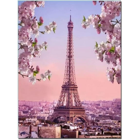 Aaheei Pink Blossoming Flower Living Room Canvas Wall Art Paris Eiffel Tower Romantic Architecture Landscape Artwork for Girl Bedroom Home Decor Rustic