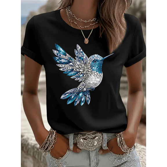 Hummingbird graphic print short-sleeve T-shirt; regular fit, crew neck; women's Spring/Summer fashion; casual outdoor top.