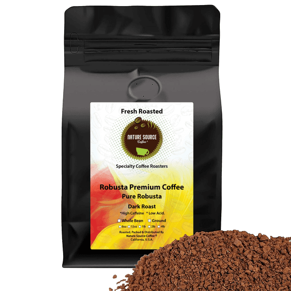 Robusta Premium Coffee | Pure Robusta | Dark Roast | High Caffeine | Low Acid | Fresh Roasted (16oz, Ground)