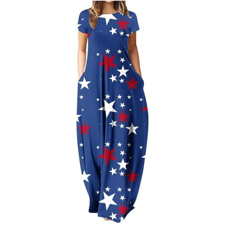 

Women Independence Day Print Crewneck Short Sleeve Dresses 2023 Summer Casual Loose Dresses Lightweight Comfort Pajamas Dresses with Pocket
