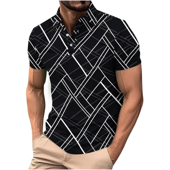 Men's Short Sleeve Tees Lapel Button Down Print Pullover Tops Summer Casual Stylish T Shirts Slim Fit (XL, Black)