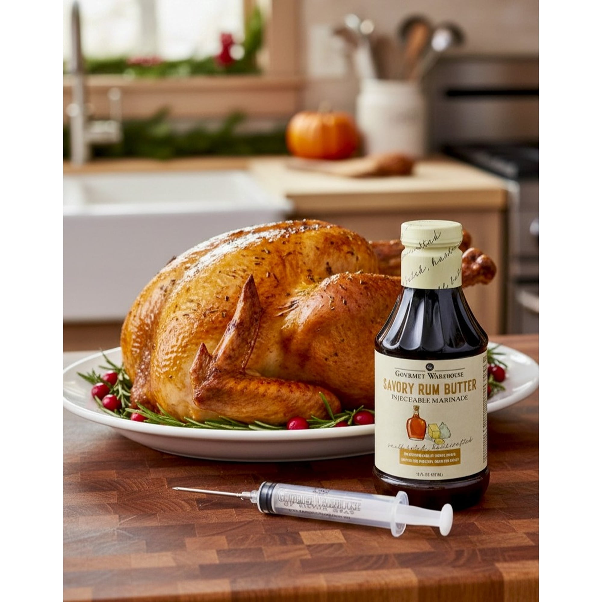 Gourmet Warehouse Savory Rum Butter Injectable Marinade, 16 fl oz – Includes Marinade Injector for Poultry and Roasts
