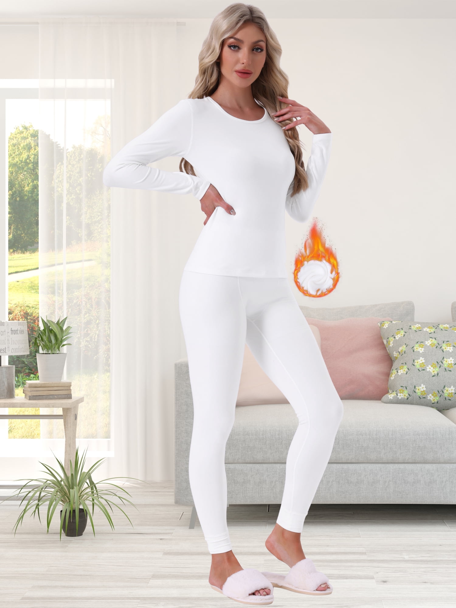 DARING DIVA Women's Base Layer Underwear Sets Long Sleeve Shirt & Leggings 2XL White
