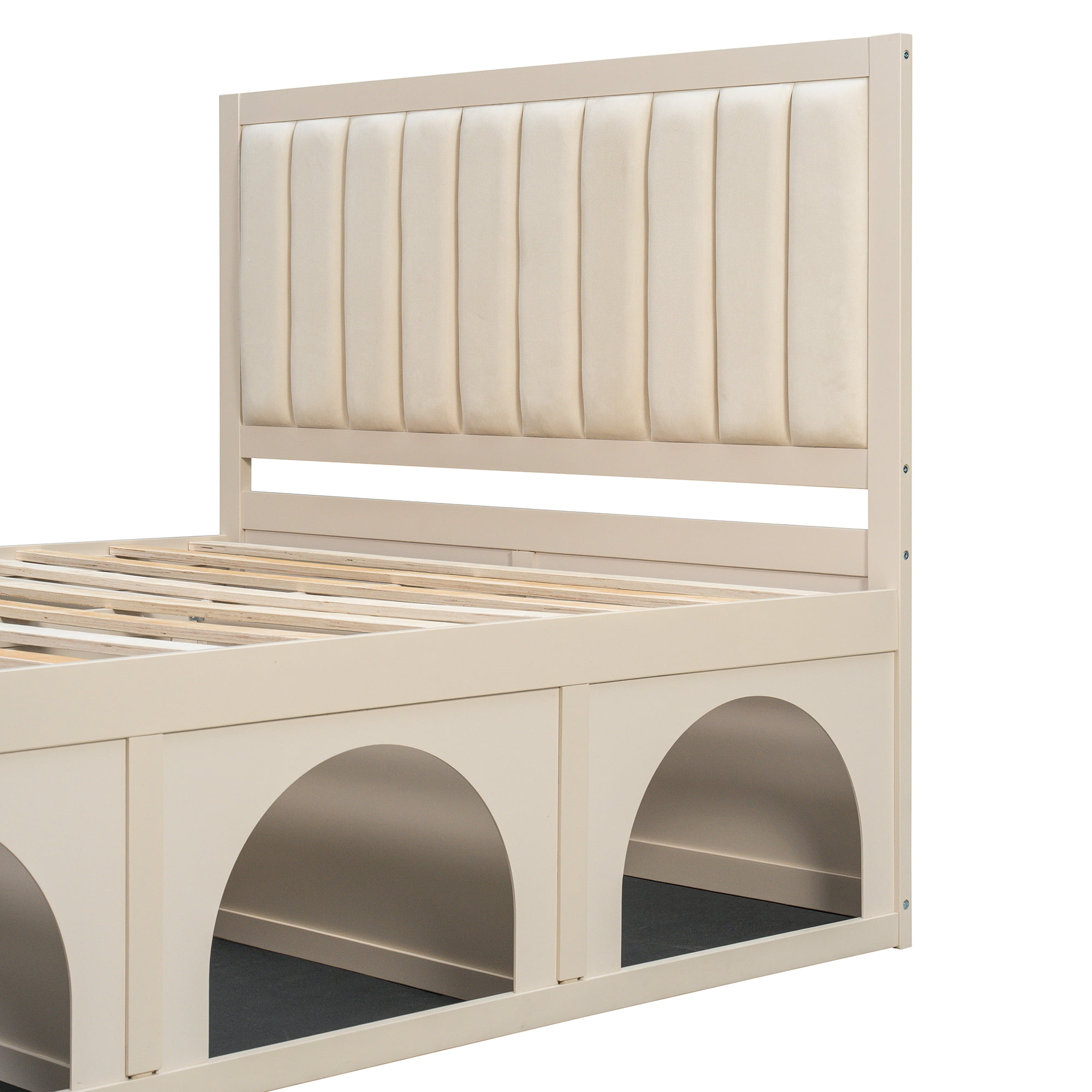 Mintazer Queen Size Upholstered Platform Bed Frame with Under‑Bed Pet Nook, Channel Tufted Headboard Bed for Bedroom, Beige