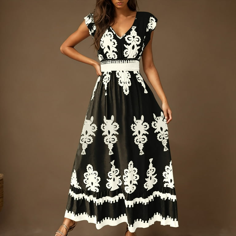 YWJOUDA Plus Size Swing Dresses for Womens 2026 Fashion Summer Casual Beach Dress Holiday Print Dress, Women's, Size: XL, Black