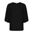thumbnail image 2 of TaTaai 2026 Spring Summer Solid Color Chiffon Top for Women Round Neck Back Button Pleated Flared Sleeve Five-Quarter Sleeve Casual Blouse Soft Comfy Vacation Gift, 2 of 9