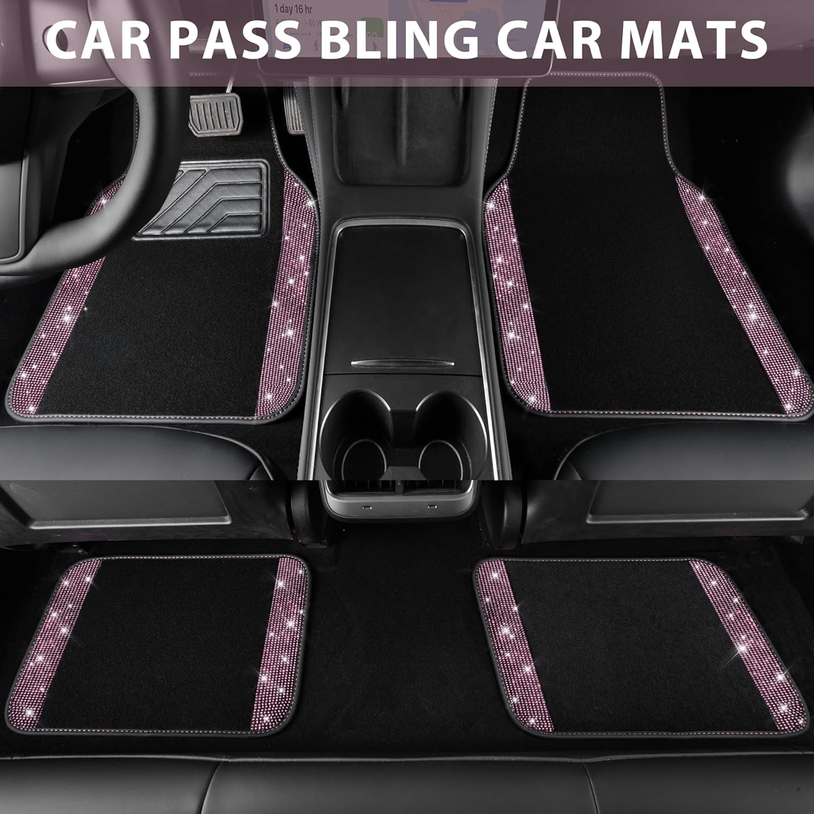 Car-Grand Bling Rhinestone Diamond car floor mats shining carpet sparkly glitter crytal with anti-slip heel waterproof universal fit cute girl women 4pcs Pink