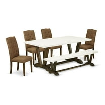 East West Furniture V-Style 6-piece Wood Dining Set with Fabric Seat in Brown