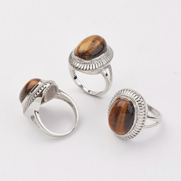Anillo de platino con ojo de tigre (1 unidad). Anillo personalizado con cierre de latón. Anillo ovalado con gema preciosa para mujer. Joyería delicada y moderna. Talla 8 (18 mm).