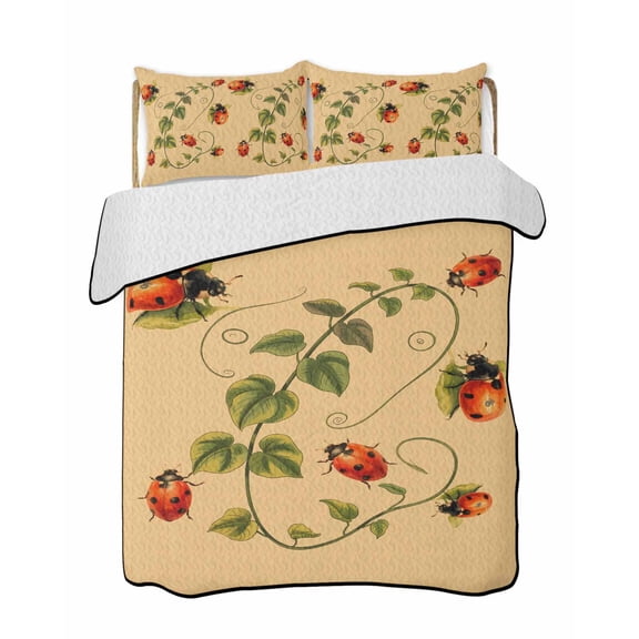 Twin Quilt Bedding Set, Ladybugs Eucalyptus Reversible Summer Quilt 3 Pieces, Spring Botanical Leaves Yellow Lightweight Bedspreads Coverlets with 2 Pillow Shams for All Seasons