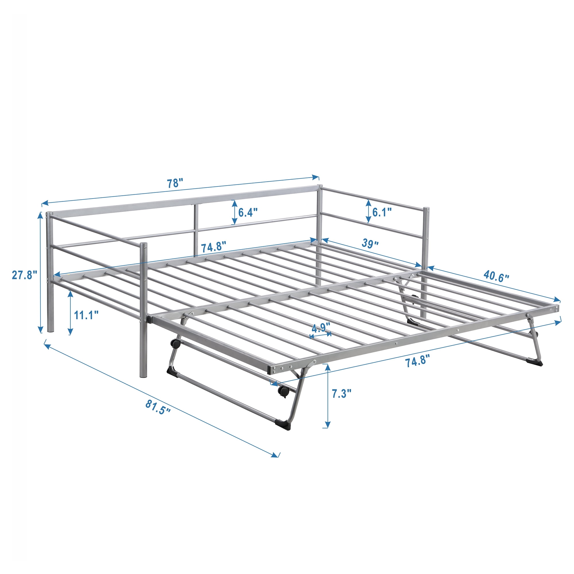 Twin Size Metal Daybed with Adjustable Trundle - Heavy-Duty Steel Daybed with Pop Up Trundle Bed - Silver